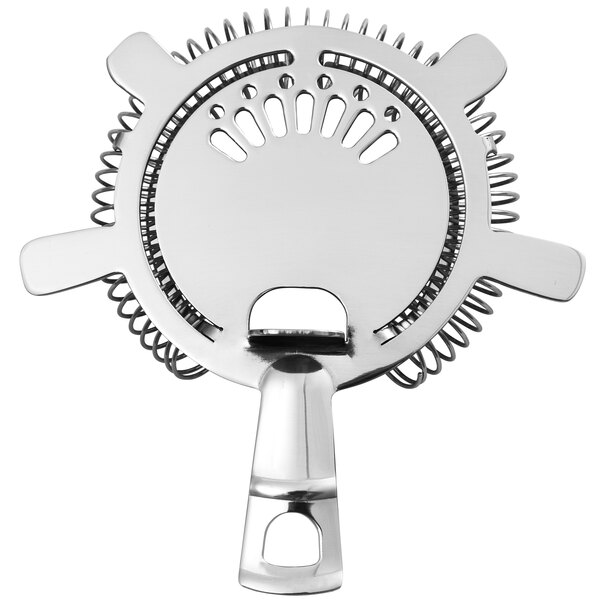 A silver metal strainer with a handle.