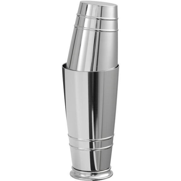 A silver Fortessa Crafthouse Boston cocktail shaker with a metal lid.
