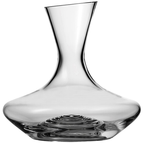 A Schott Zwiesel clear glass decanter with a curved neck.