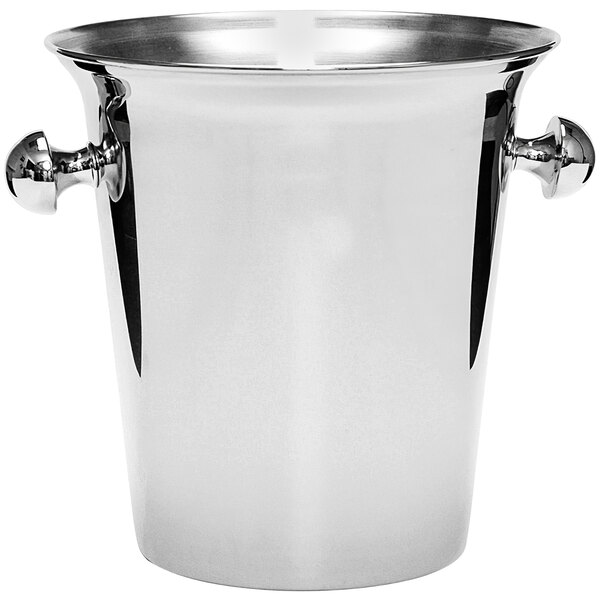 A silver Fortessa stainless steel wine bucket with handles.