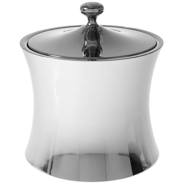 A silver stainless steel Fortessa Silhouette ice bucket with a lid.