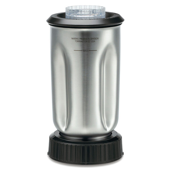 A silver and black Waring stainless steel blender container with a lid.
