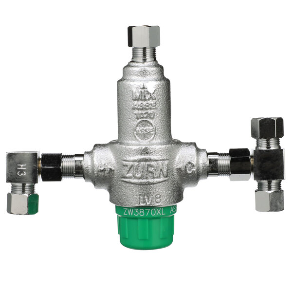 A silver and green Zurn thermostatic mixing valve with a green cap.