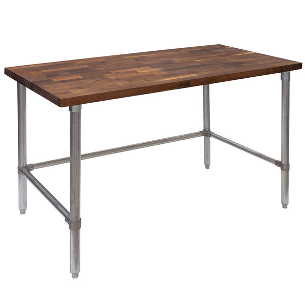 A John Boos walnut wood top work table with a galvanized metal base.