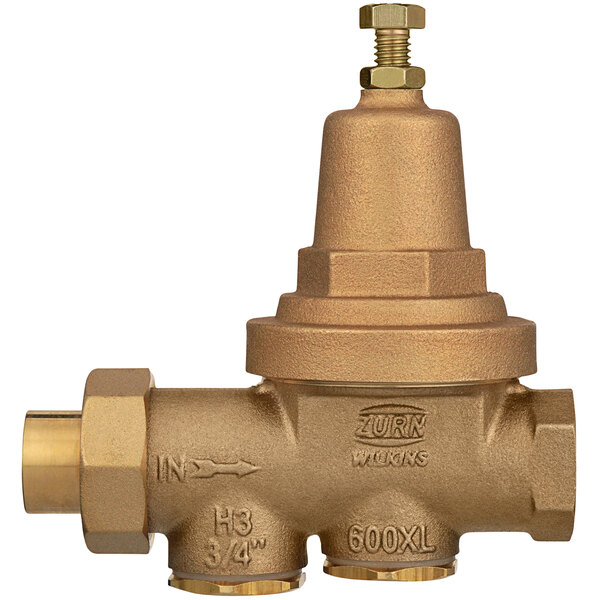 A close-up of a Zurn brass water pressure reducing valve with integral by-pass check valve and strainer.