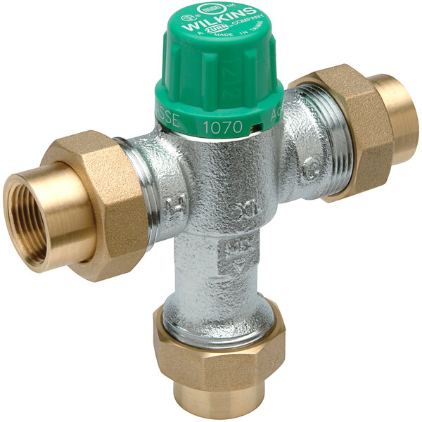 A Zurn copper sweat connection thermostatic mixing valve with a green handle.