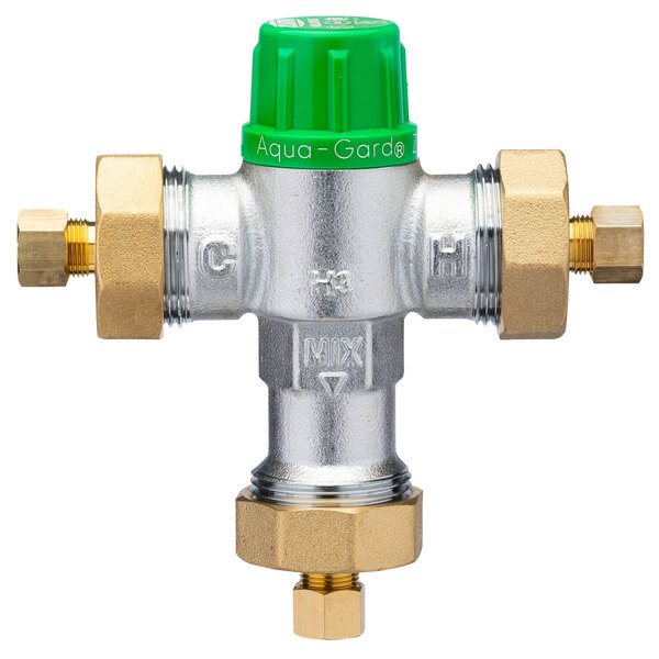 A Zurn 3/8" thermostatic mixing valve with a green and gold body and compression fitting.
