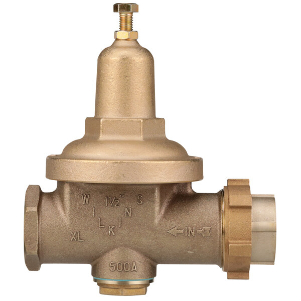 A Zurn brass water pressure reducing valve with a gold cap.