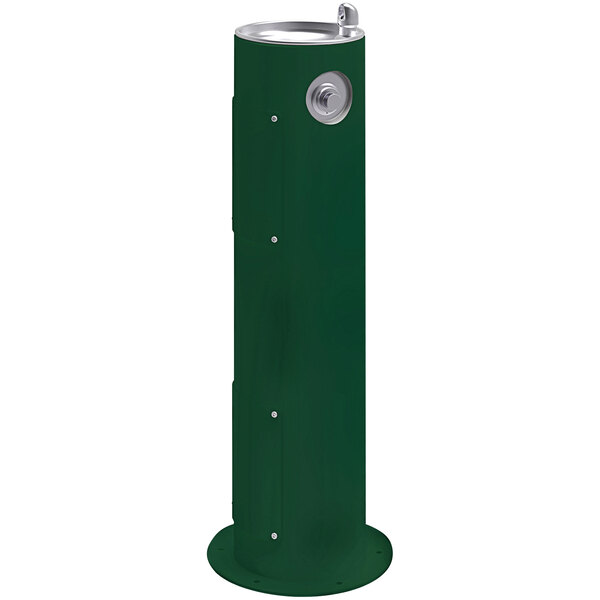 A green rectangular Elkay outdoor water fountain with a silver water spout.