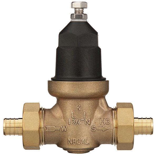 A close-up of a brass Zurn water pressure reducing valve with a black cap.