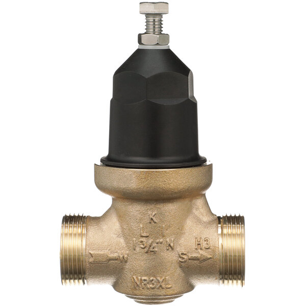 A Zurn brass water pressure reducing valve with black cap.