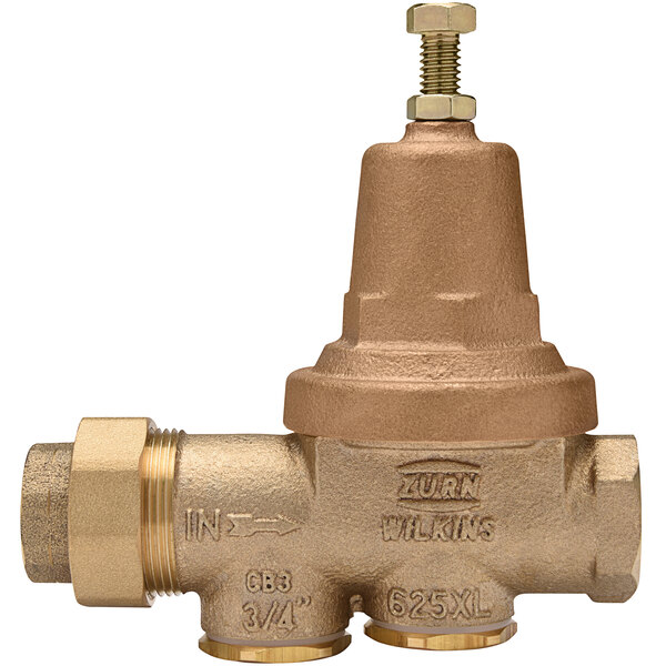 A Zurn brass water pressure reducing valve with integral bypass check valve and strainer.
