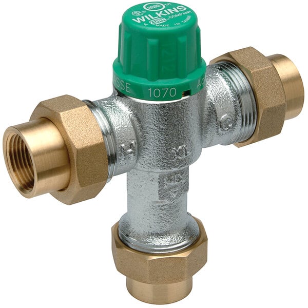 A Zurn Aqua-Gard thermostatic water valve with copper connections and a green handle.