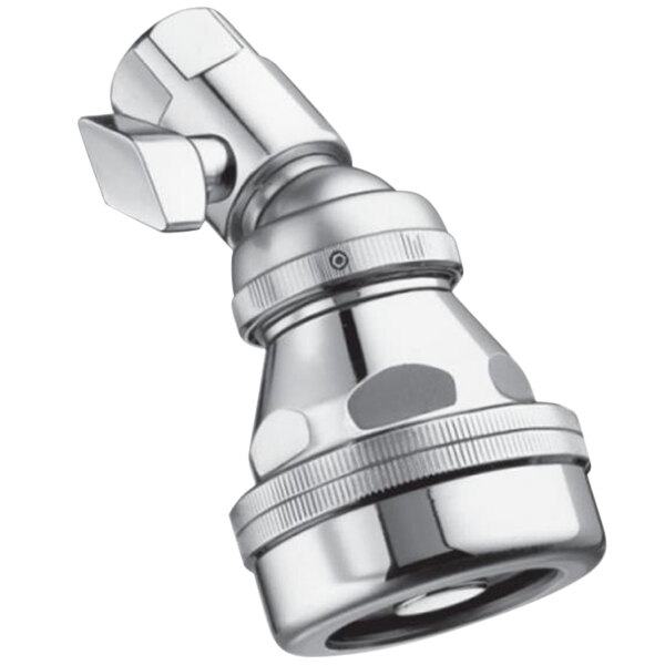 A Sloan brushed stainless steel shower head with a metal thumb screw.