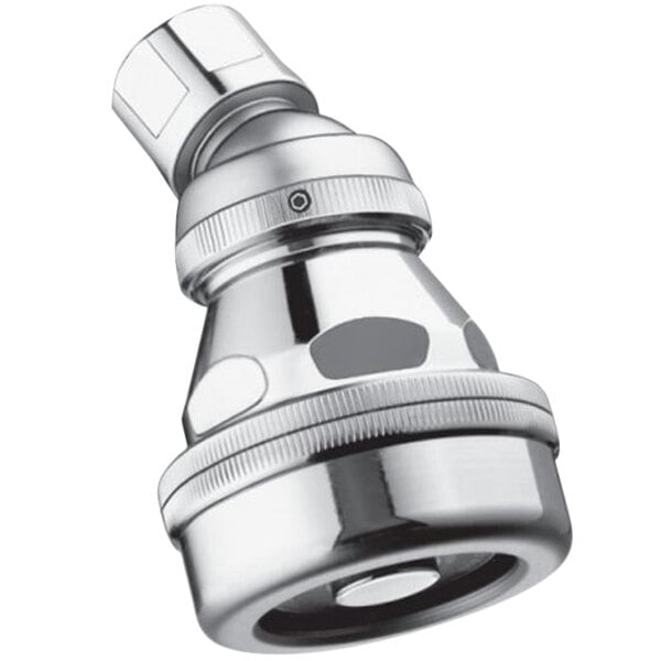 A silver circular Sloan showerhead with a silver ball joint.
