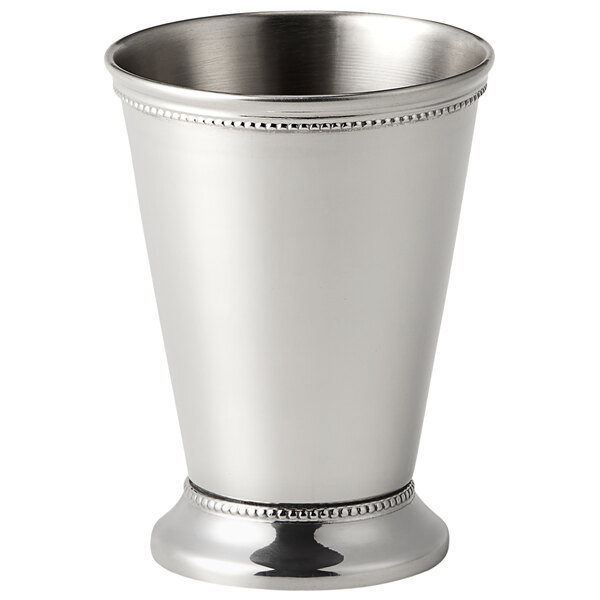 An American Metalcraft stainless steel mint julep cup with beaded trim.