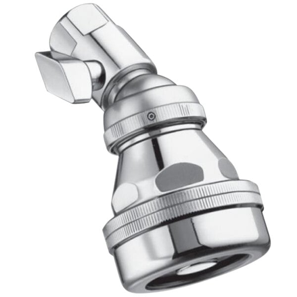 A brushed nickel Sloan shower head with a metal thumb screw.