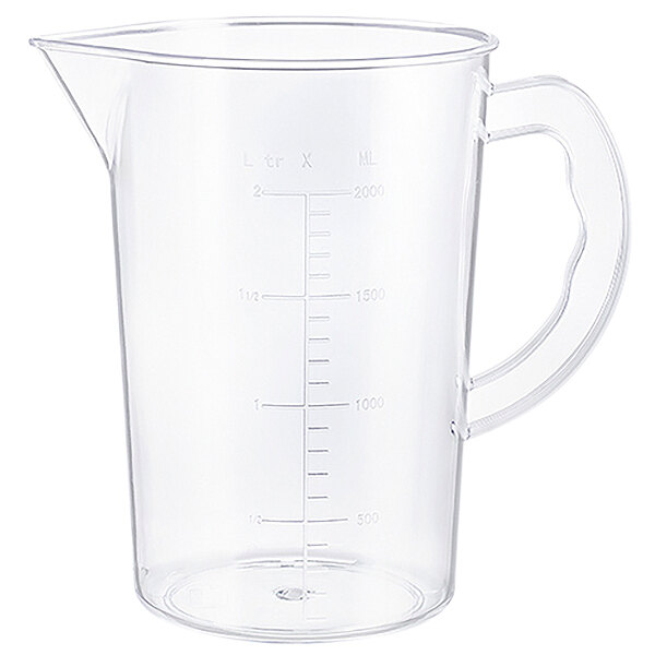 A close-up of a clear Araven polypropylene measuring cup with a handle.