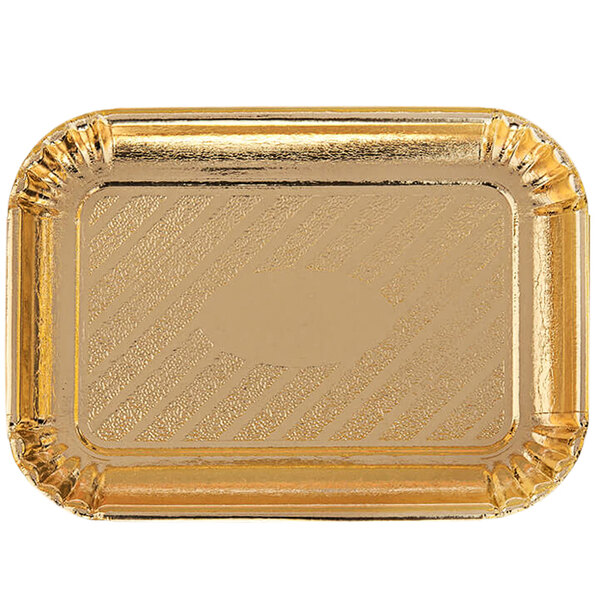 A gold Novacart rectangular pastry tray with a striped pattern.