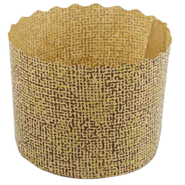 A brown paper baking cupcake liner with gold detailing.