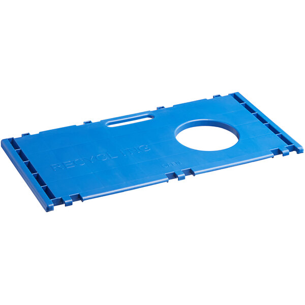 A blue rectangular plastic lid with a hole in the middle.