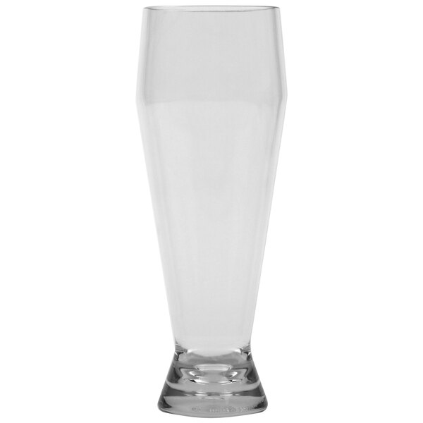 A clear plastic pilsner glass with a short neck.