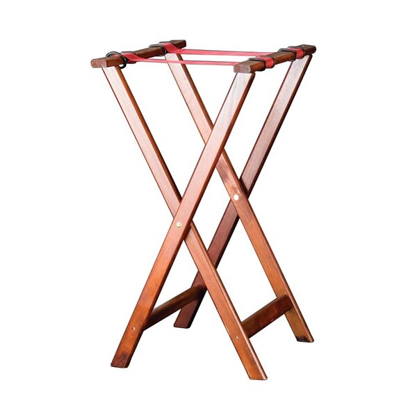 An American Metalcraft walnut wood tray stand with red straps.