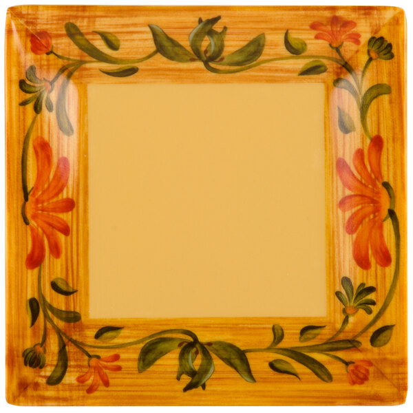 A yellow square plate with a painted yellow border.