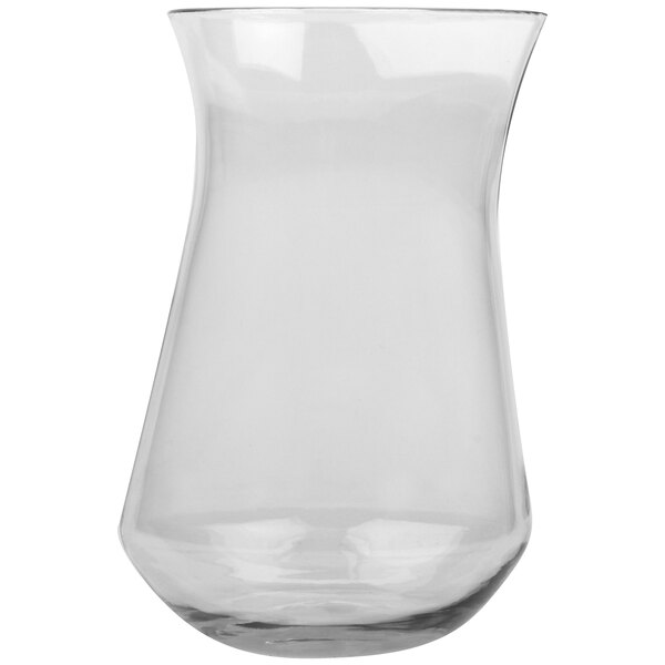 A clear GET Tritan plastic mixing glass with a curved bottom.