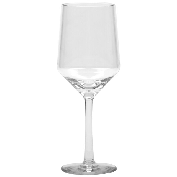 A close up of a clear GET Via Tritan plastic wine glass with a stem.