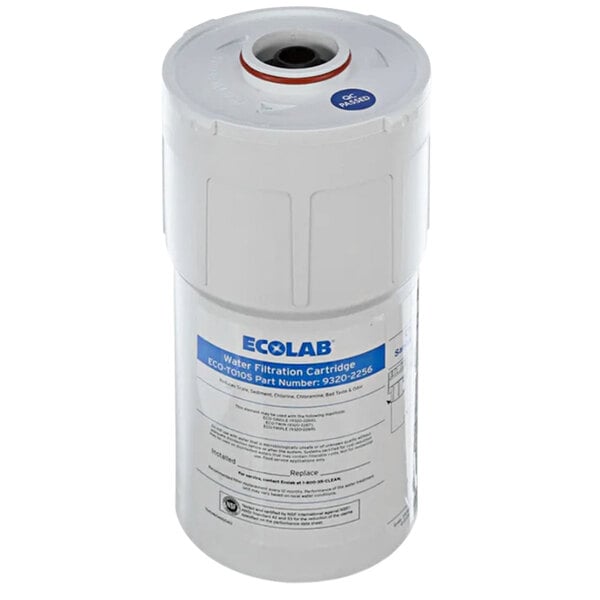 A white plastic Ecolab water filter container with blue text.