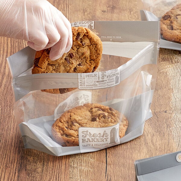 A hand in a glove holds a cookie in a "Fresh Bakery" plastic bag.