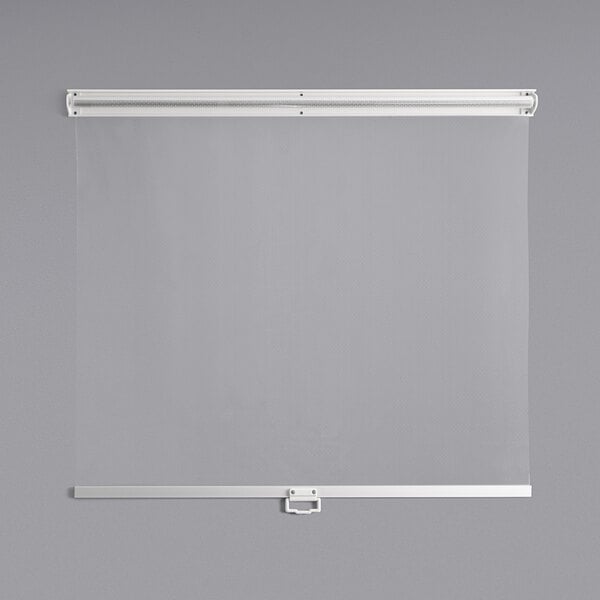 A white screen with a silver frame.