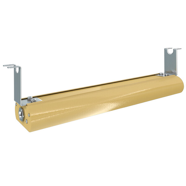 A yellow metal cylinder with metal brackets, with a long brass metal rod inside.