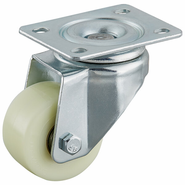 An Avantco white metal caster with a plastic wheel.