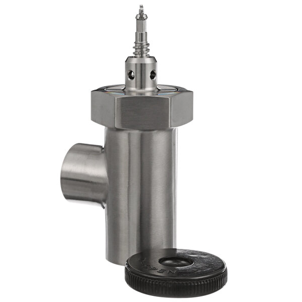 A stainless steel All Points steam kettle draw-off valve with a black cap.