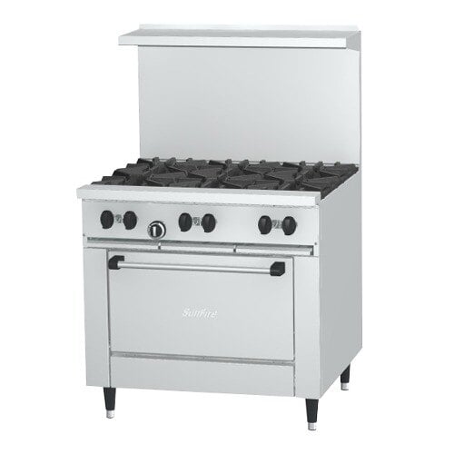 A white Garland SunFire series gas range with black knobs on the stove top.