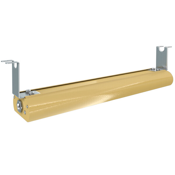 A close-up of a gold Vollrath low profile brass strip warmer tube with metal brackets.