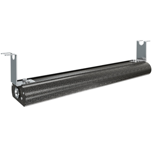 A black metal cylinder with metal brackets over a white background.