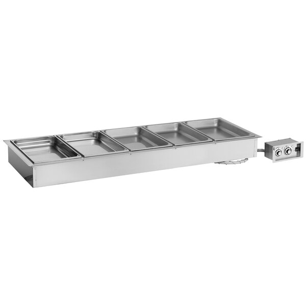 A stainless steel Alto-Shaam drop-in hot food well with five compartments on a counter.