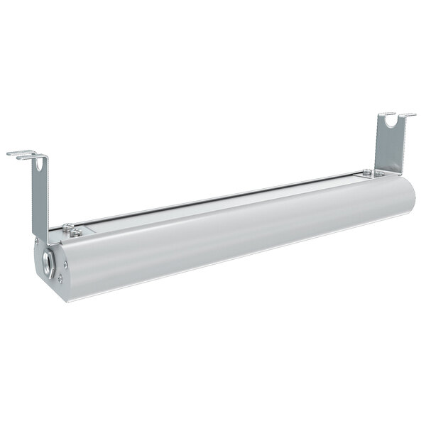 A silver Vollrath low profile strip warmer with metal brackets and a white metal shelf.