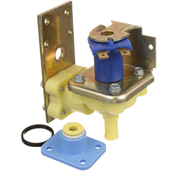 A blue and yellow metal and plastic All Points water inlet solenoid valve with a metal bracket.