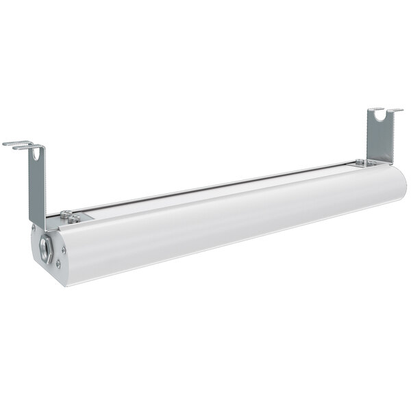 A white rectangular Vollrath strip warmer with a metal bar and brackets.