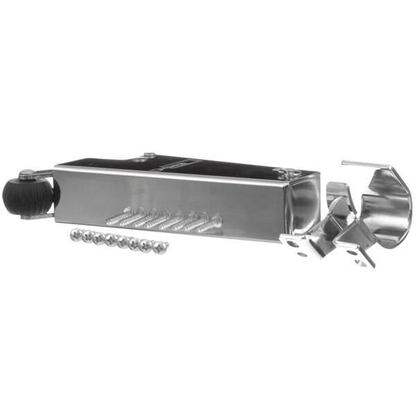 A stainless steel spring loaded door closer with screws.