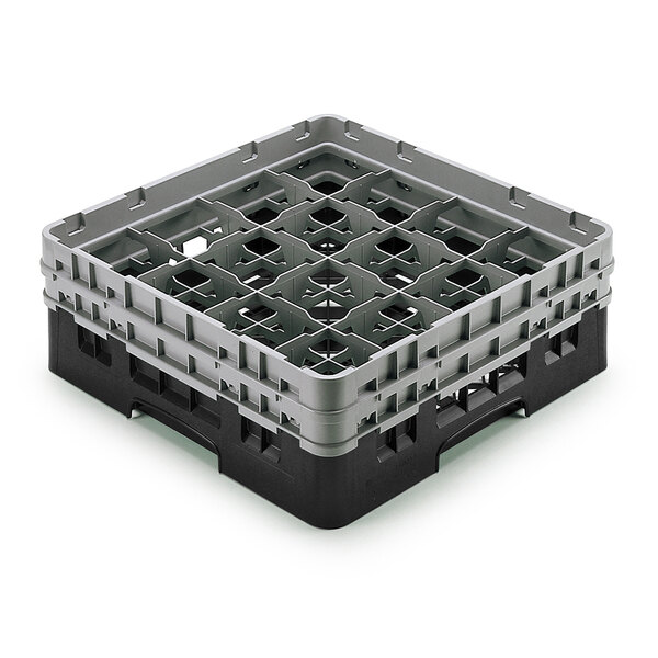A black plastic Cambro glass rack with extenders on a white background.