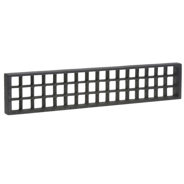 A black rectangular cast iron grid with many square holes.