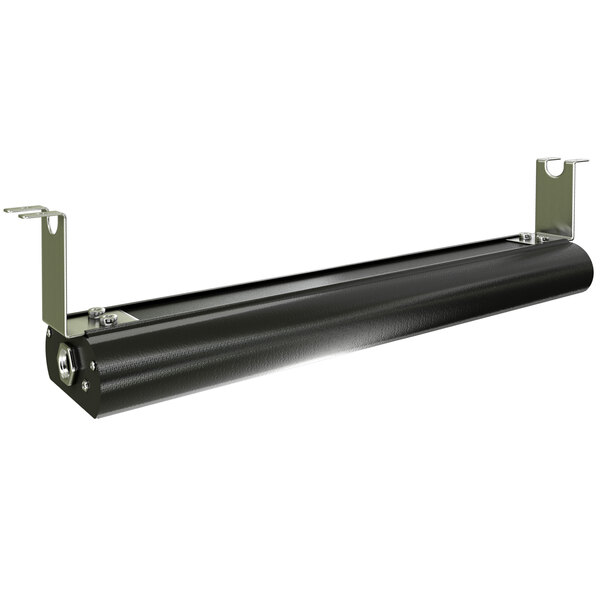 A black metal tube with metal brackets on a white background.