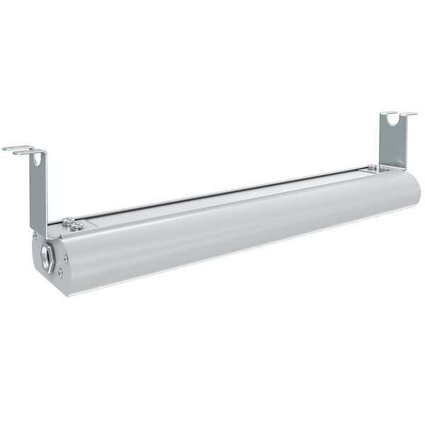 A long silver rectangular Vollrath strip warmer with white metal ends.
