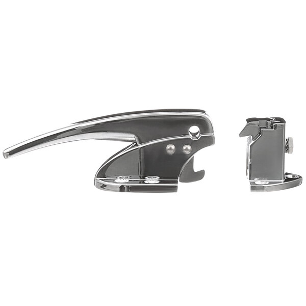 A curved metal door latch with adjustable offset and a strike plate.