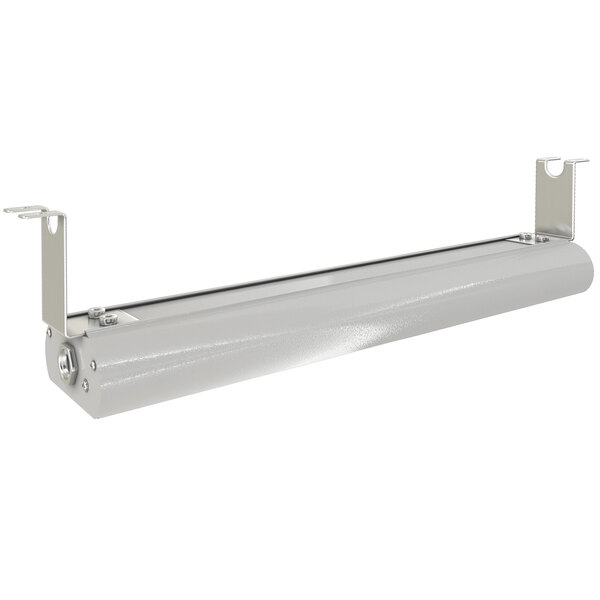 A white metal light fixture with a chrome strip and remote controls.